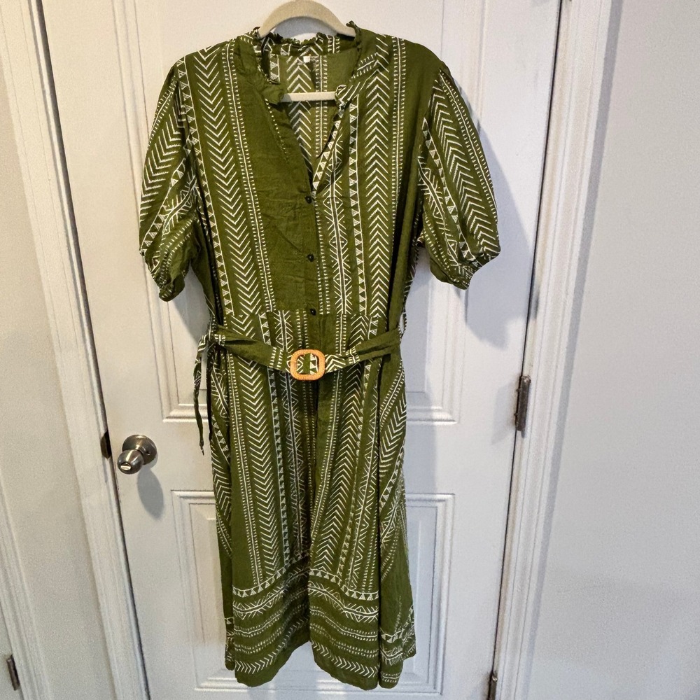 Kaktus Womens Dress 2X Green White Geometric Belted Puff Sleeve Midi Shirt Dress